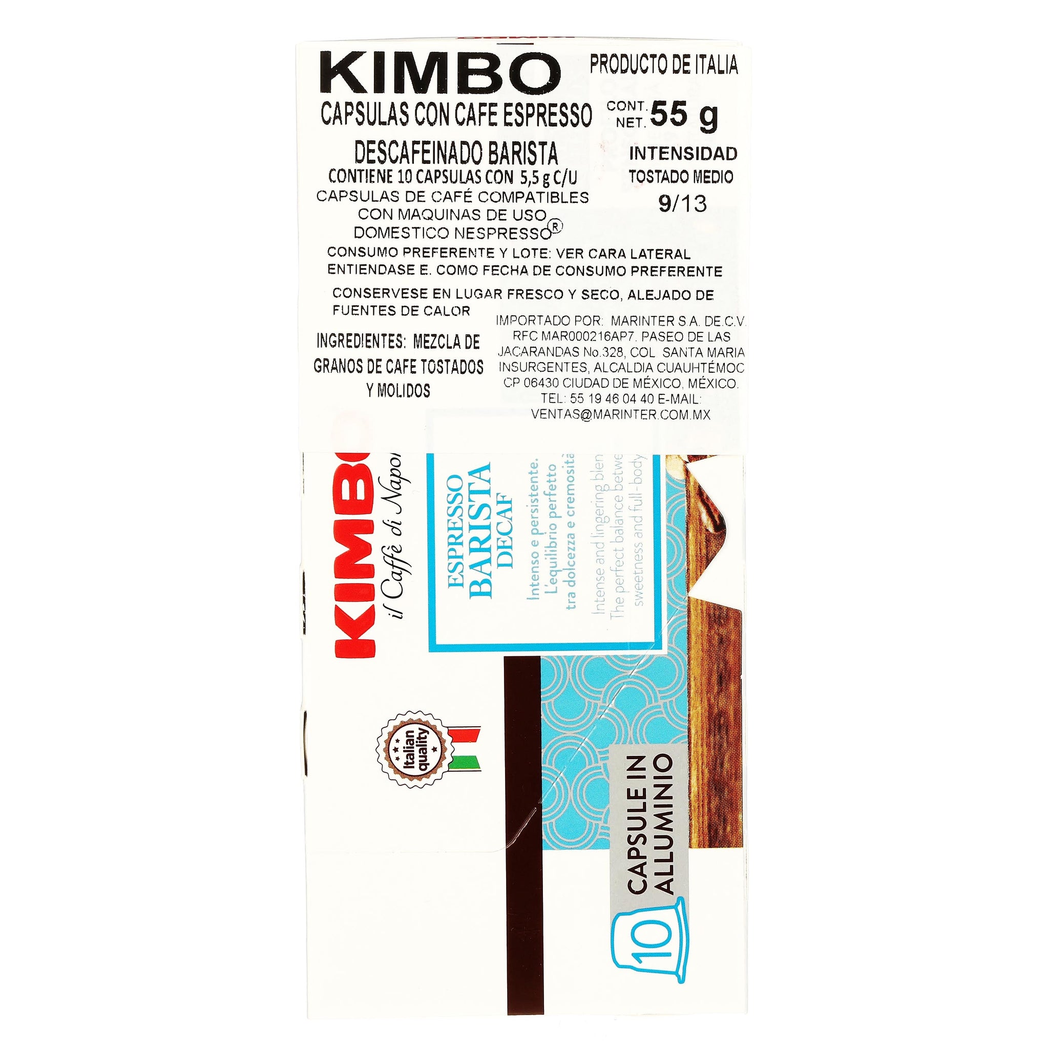 Cafe Kimbo Descafeinado Paquete con 10 Capsulas Nespresso 55 g