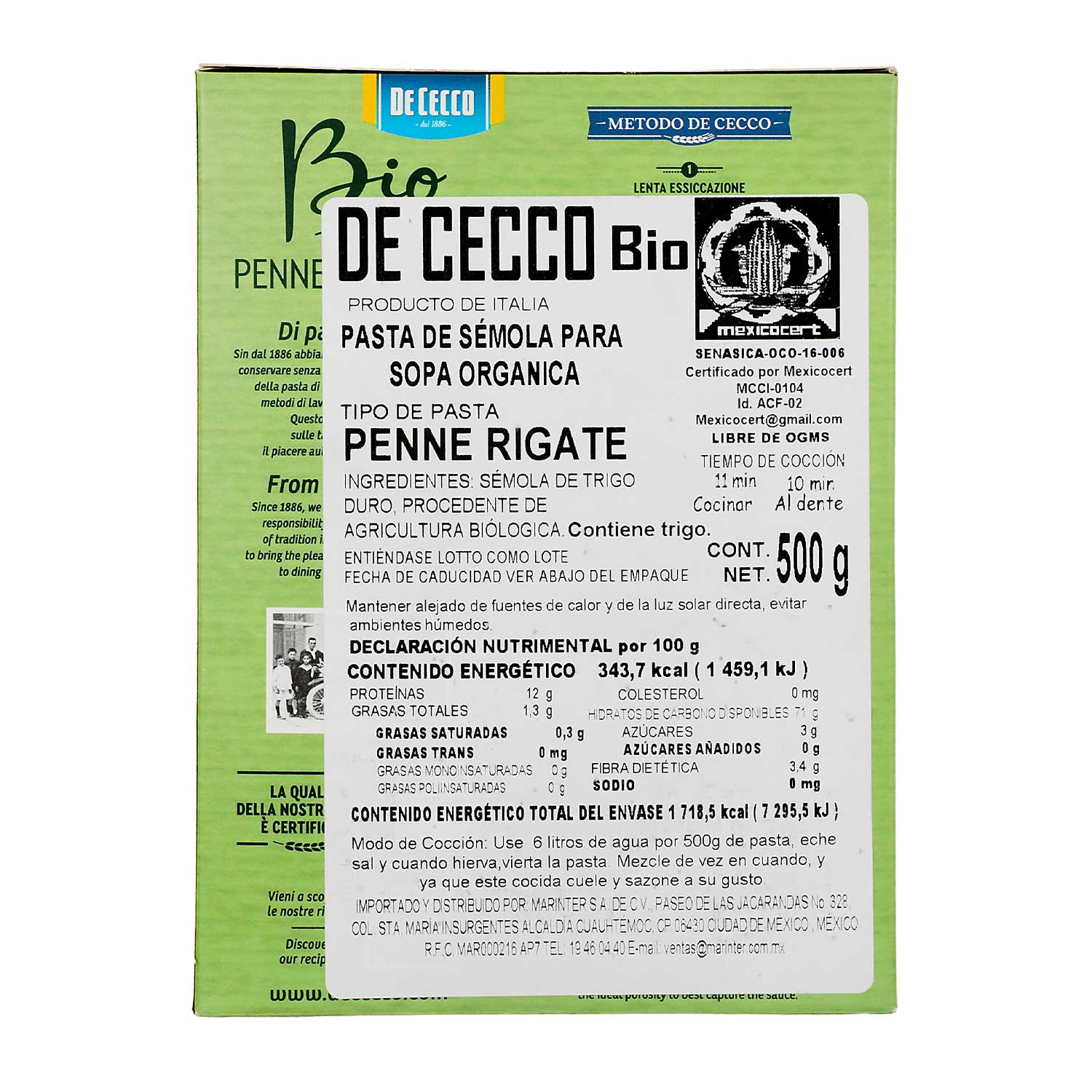 De Cecco - Pasta Bio  Penne Rigate  de Sémola - 500 g