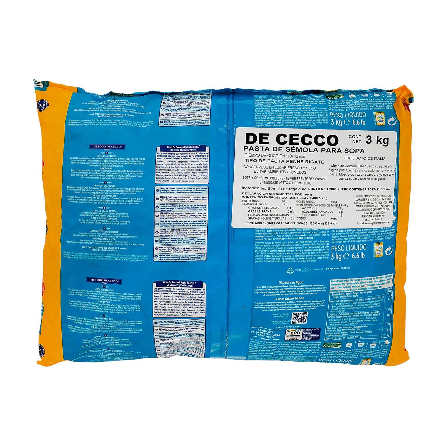 Pasta - De Cecco Penne Rigate De Sémola - 3000 gr