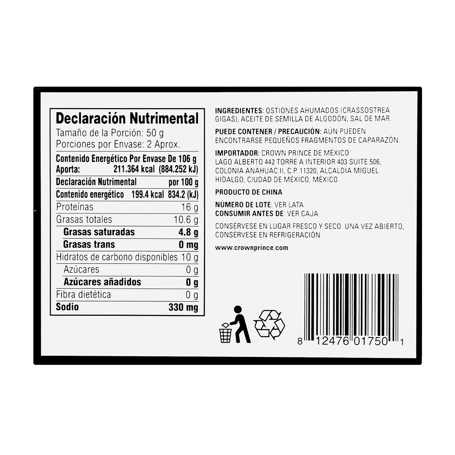 Crown Prince - Ostiones Ahumados en  Aceite - Algodón  106gr