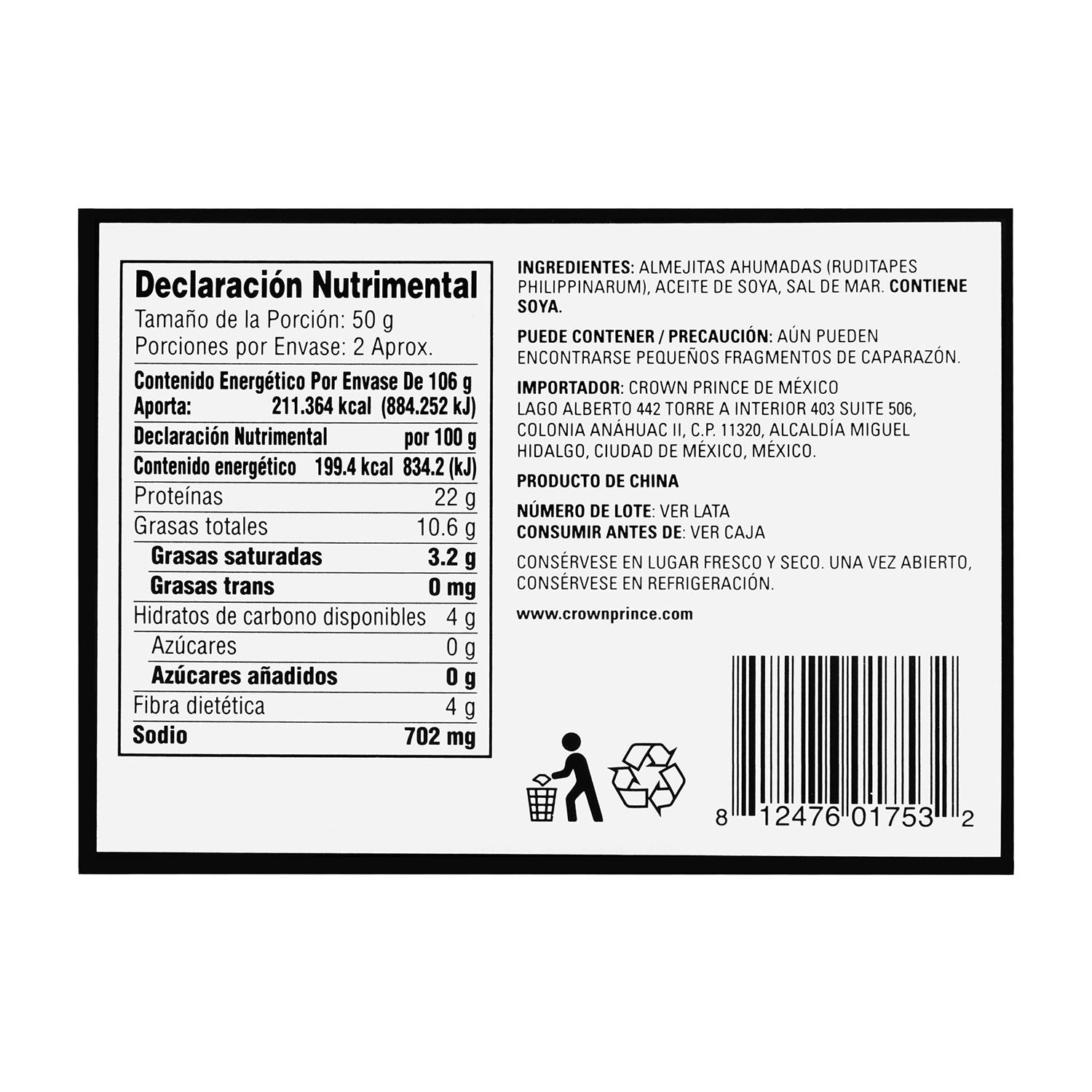 Crown Prince - Almejitas Ahumadas en Aceite de Soya - 106 gr